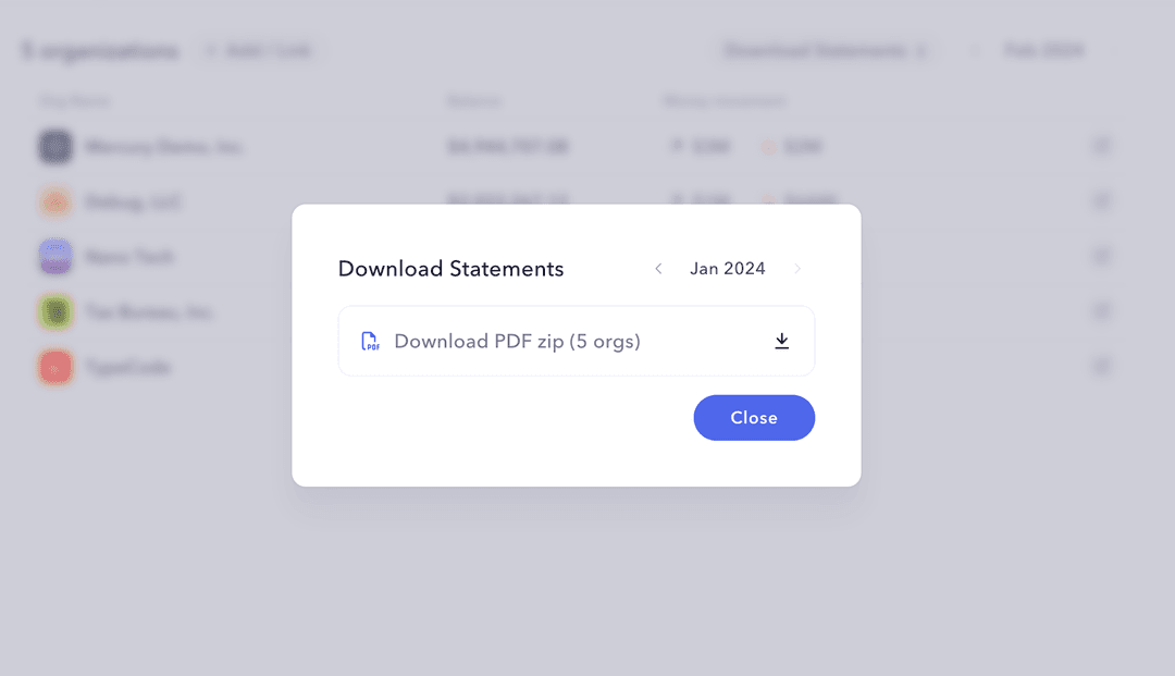 Downloading month-end statements in bulk across organizations