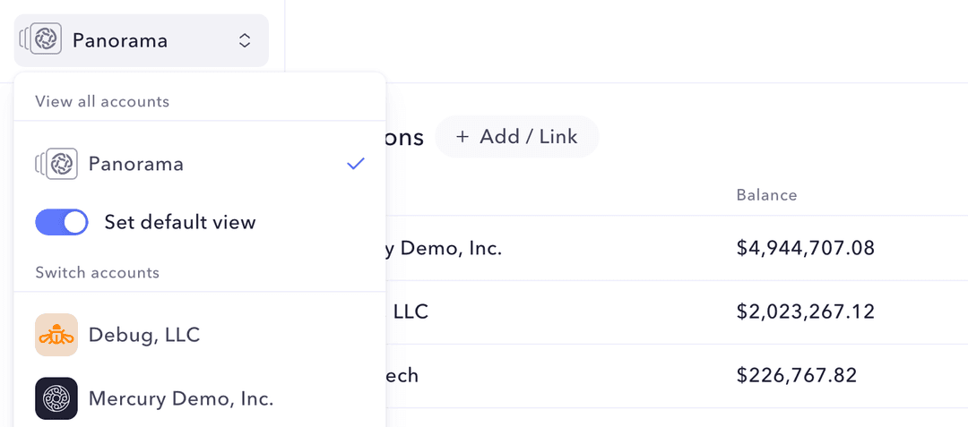 Balances across organizations, with Panorama set as the default view