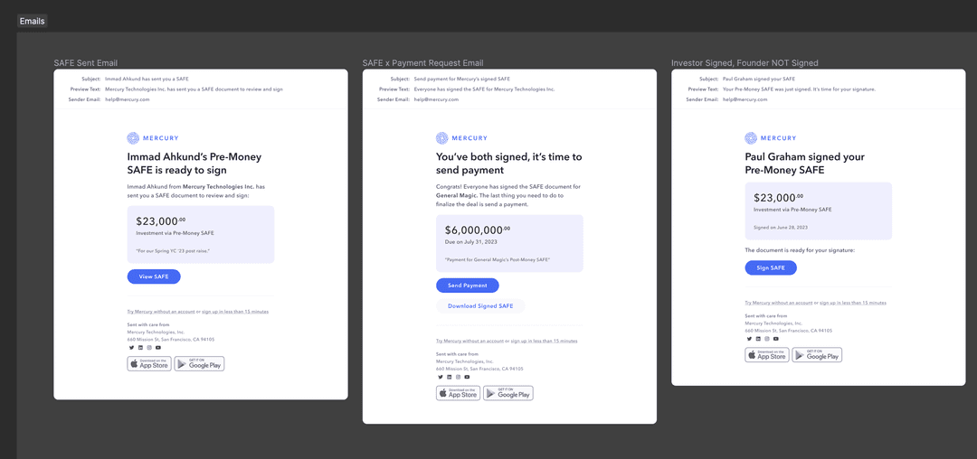 A snapshot of my Figma file where SAFE email designs are housed